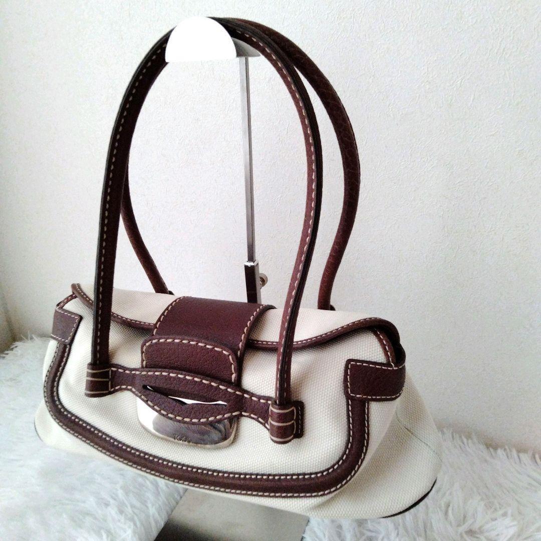 TOD'S Hand Bag Tote Purse Leather Canvas Brown Authentic