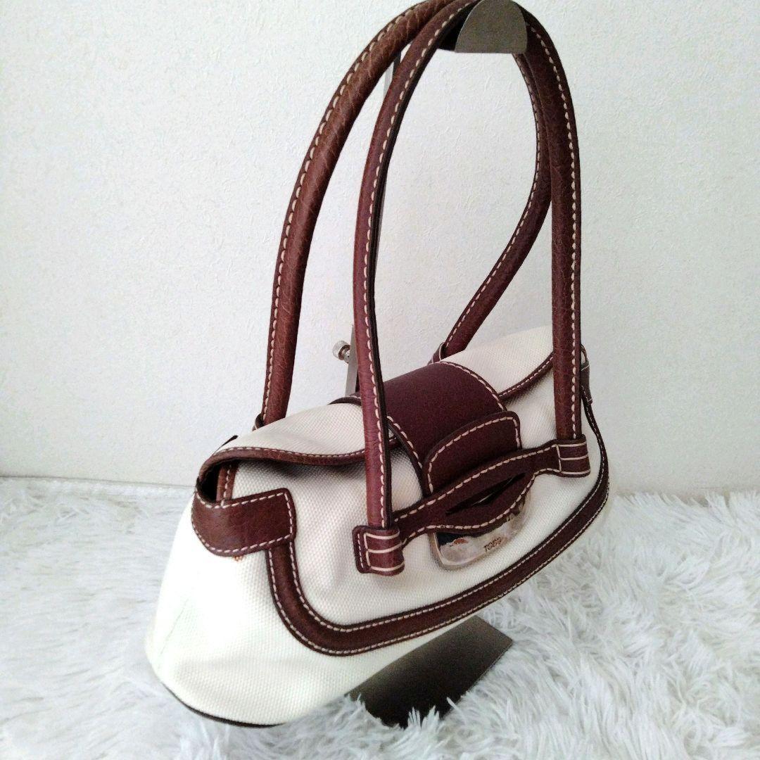TOD'S Hand Bag Tote Purse Leather Canvas Brown Authentic