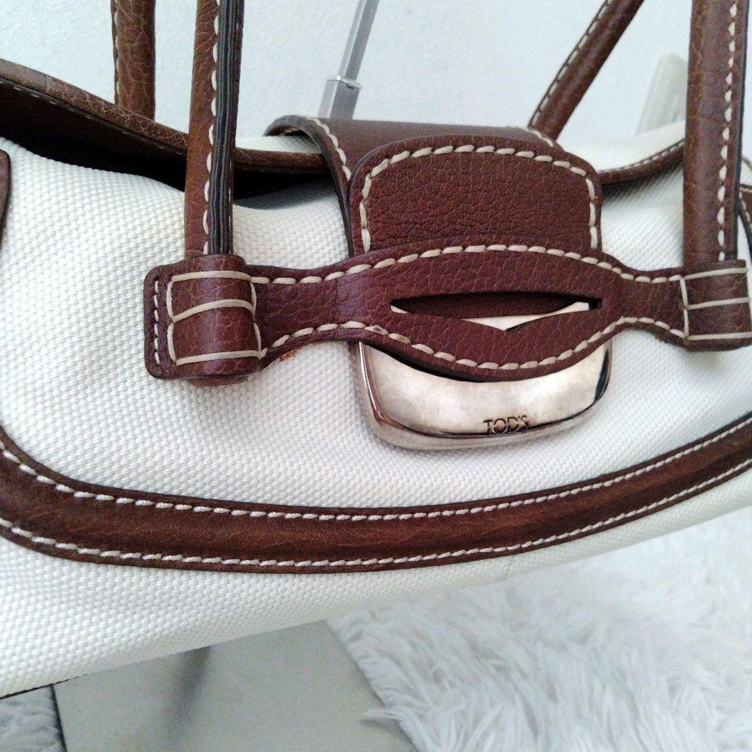 TOD'S Hand Bag Tote Purse Leather Canvas Brown Authentic