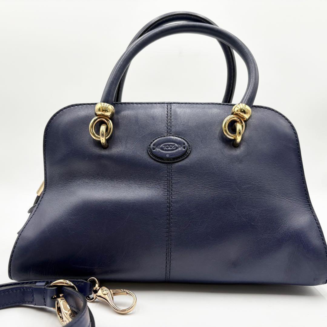 TOD'S Hand Shoulder Bag Tote Purse 2way Leather Dark Navy Purple Authentic
