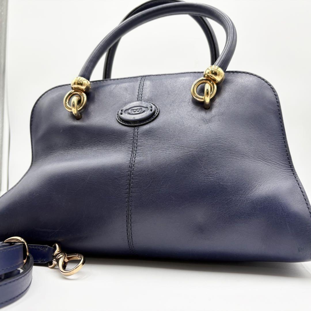 TOD'S Hand Shoulder Bag Tote Purse 2way Leather Dark Navy Purple Authentic