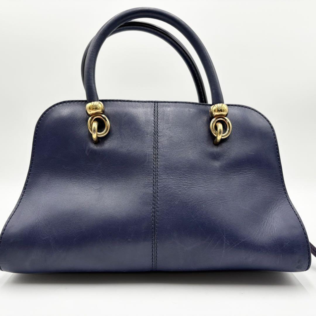 TOD'S Hand Shoulder Bag Tote Purse 2way Leather Dark Navy Purple Authentic
