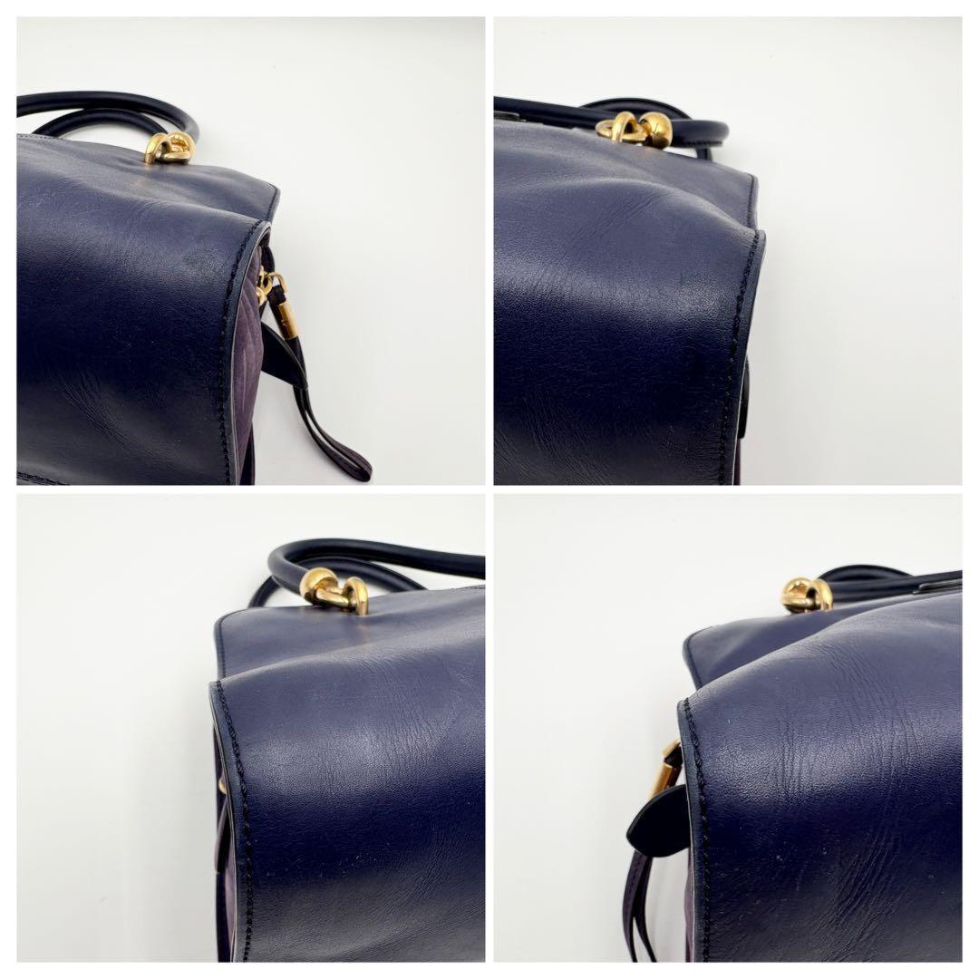 TOD'S Hand Shoulder Bag Tote Purse 2way Leather Dark Navy Purple Authentic