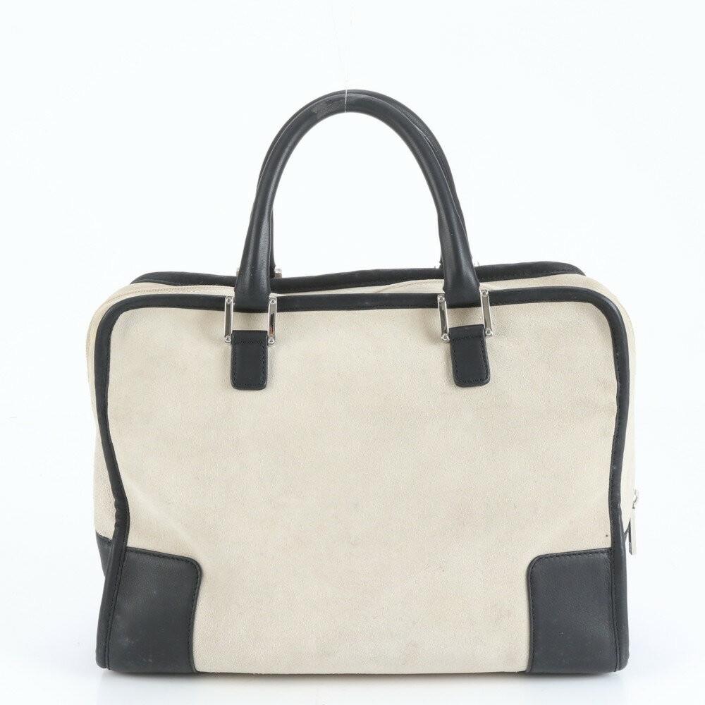 LOEWE Hand Bag Tote Purse Mini Boston Anagram Leather Gray Black Authentic