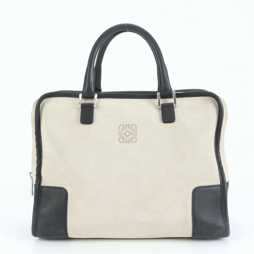 LOEWE Hand Bag Tote Purse Mini Boston Anagram Leather Gray Black Authentic