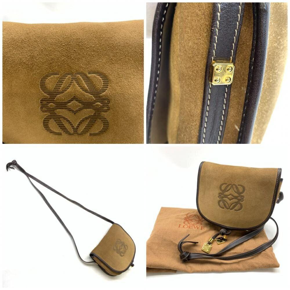 LOEWE Shoulder Bag Purse Anagram Suede Leather Brown Authentic