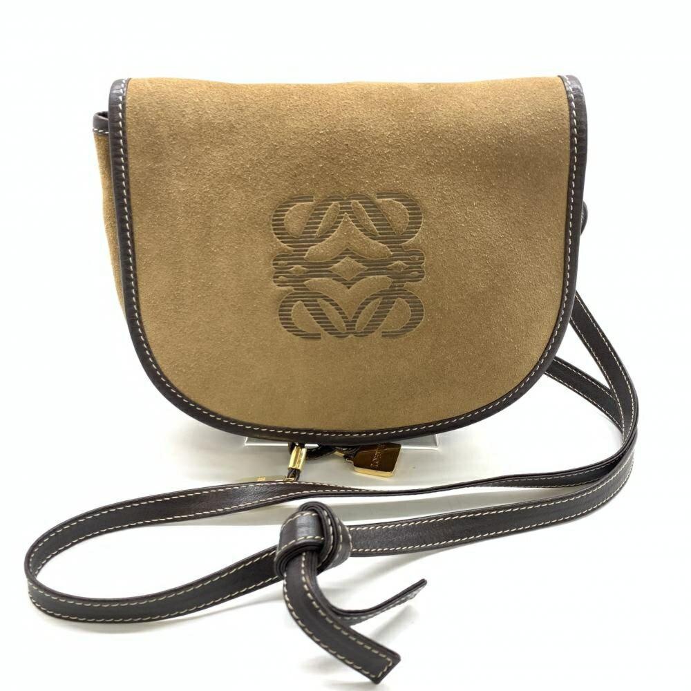 LOEWE Shoulder Bag Purse Anagram Suede Leather Brown Authentic