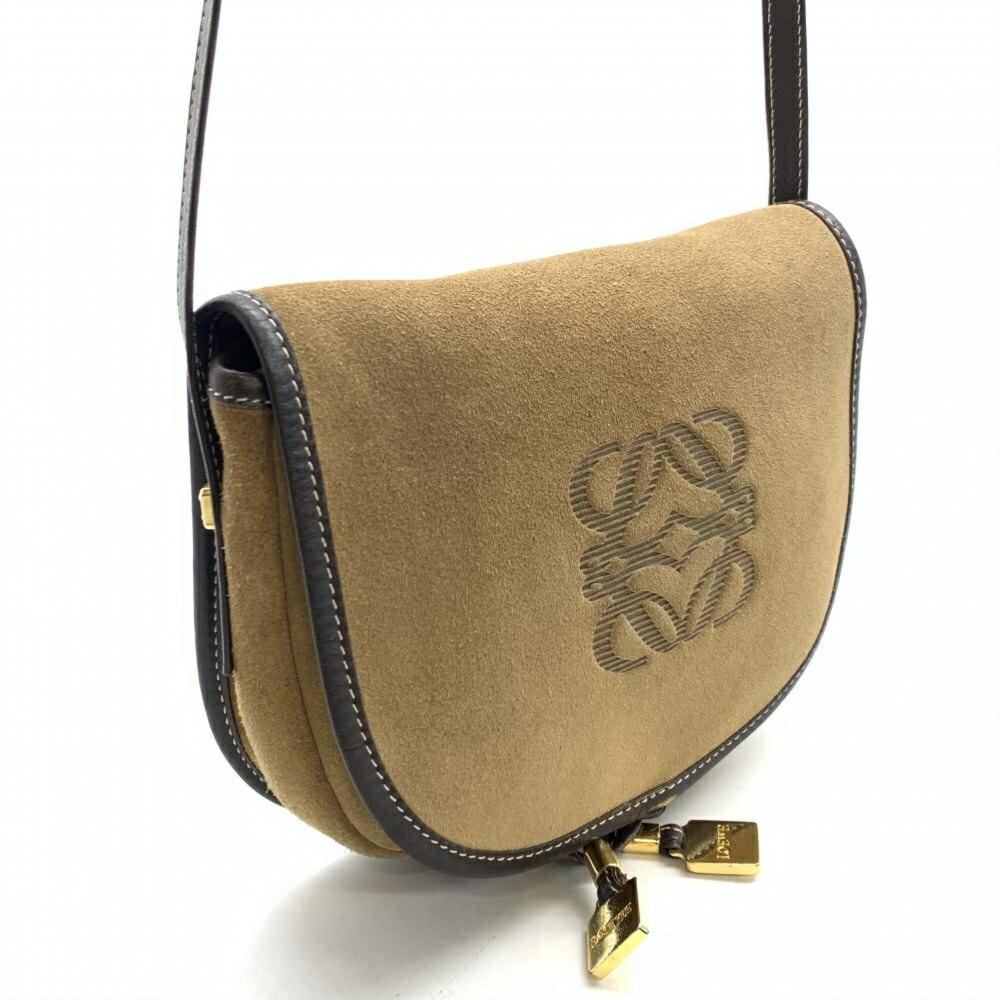 LOEWE Shoulder Bag Purse Anagram Suede Leather Brown Authentic