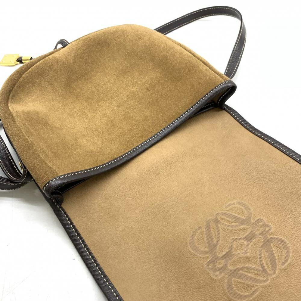 LOEWE Shoulder Bag Purse Anagram Suede Leather Brown Authentic