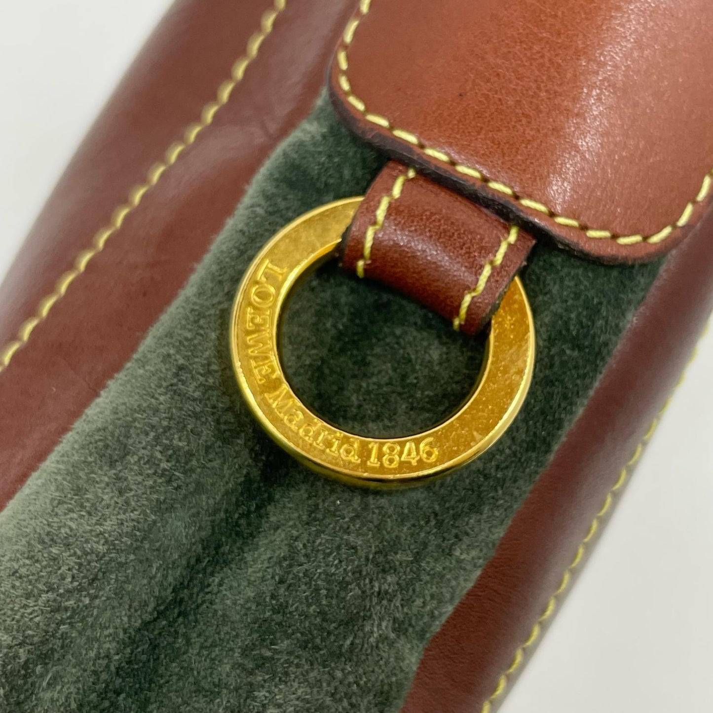 LOEWE Shoulder Bag Purse Anagram Leather Suede Brown Green Authentic