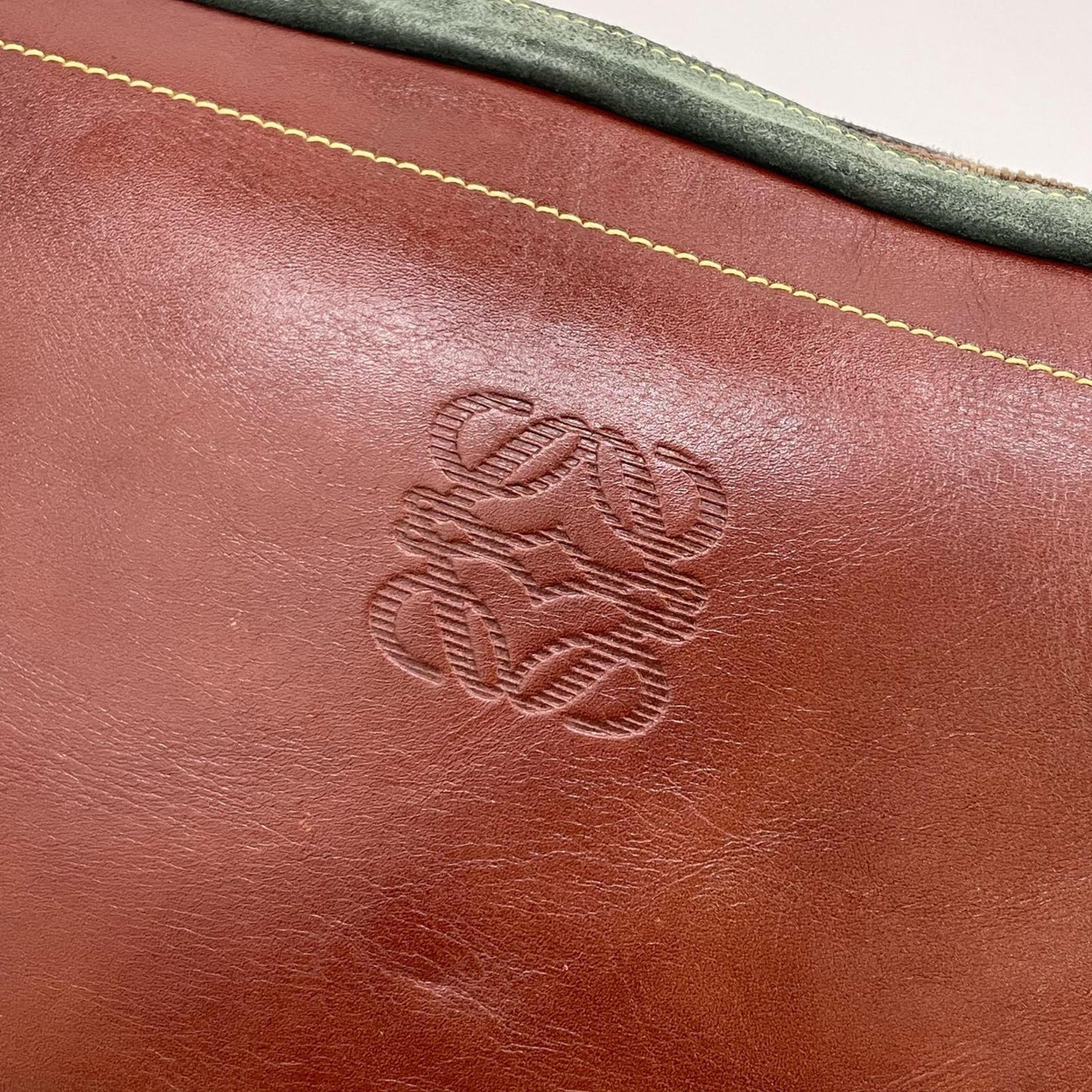 LOEWE Shoulder Bag Purse Anagram Leather Suede Brown Green Authentic