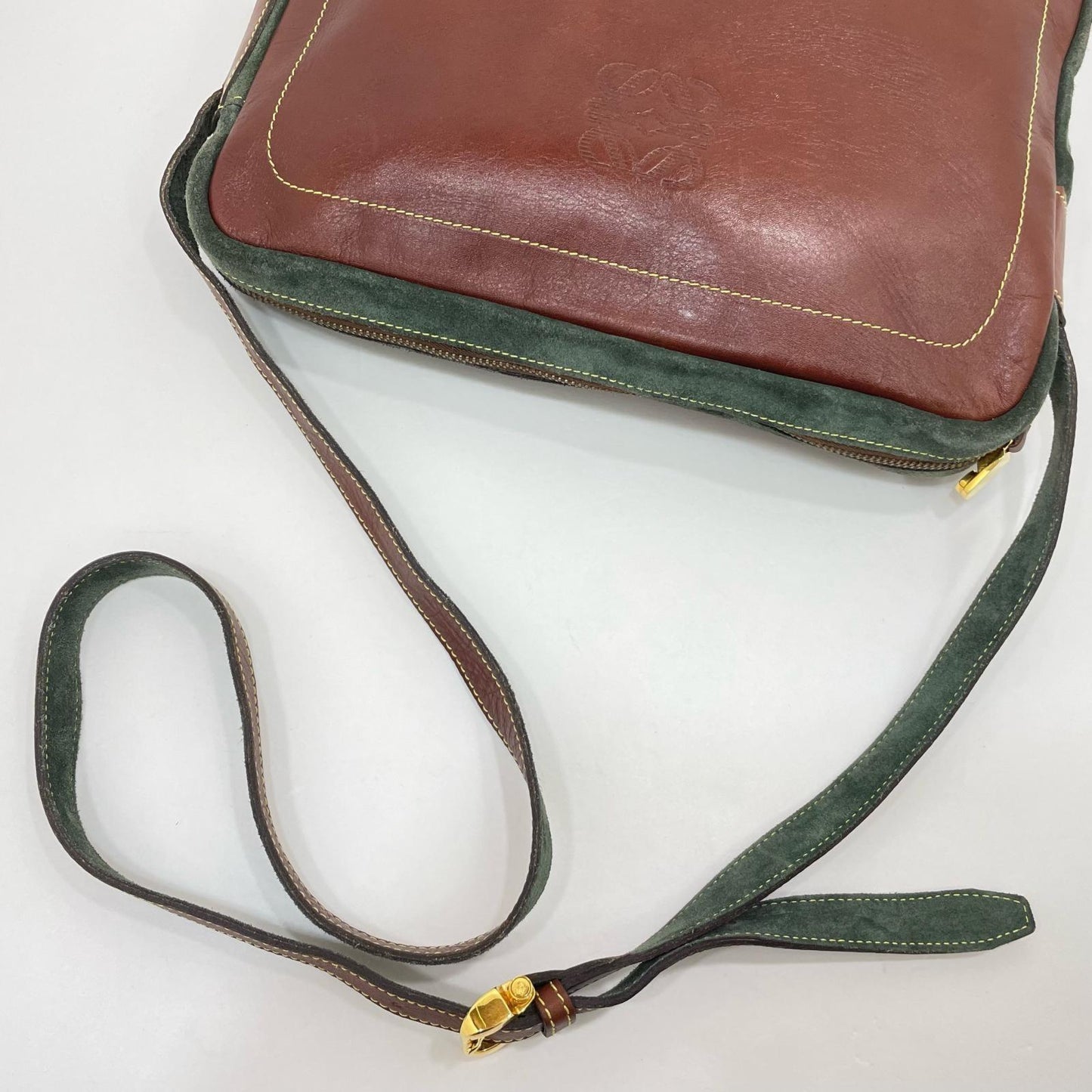 LOEWE Shoulder Bag Purse Anagram Leather Suede Brown Green Authentic
