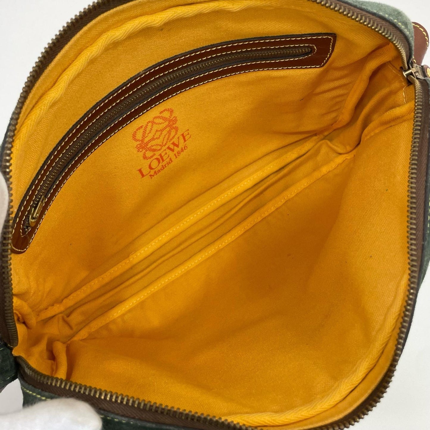 LOEWE Shoulder Bag Purse Anagram Leather Suede Brown Green Authentic