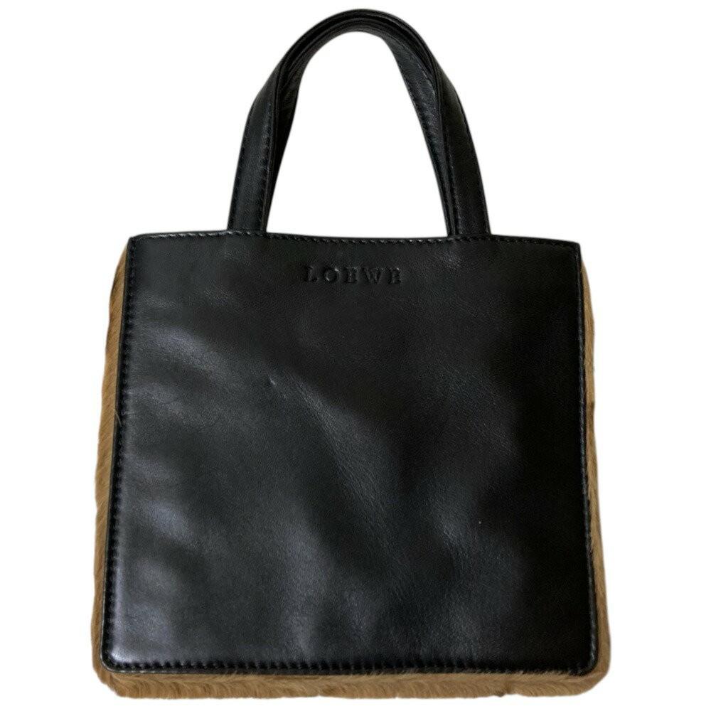 LOEWE Mini Hand Bag Tote Purse Logo Leather Black Brown Authentic