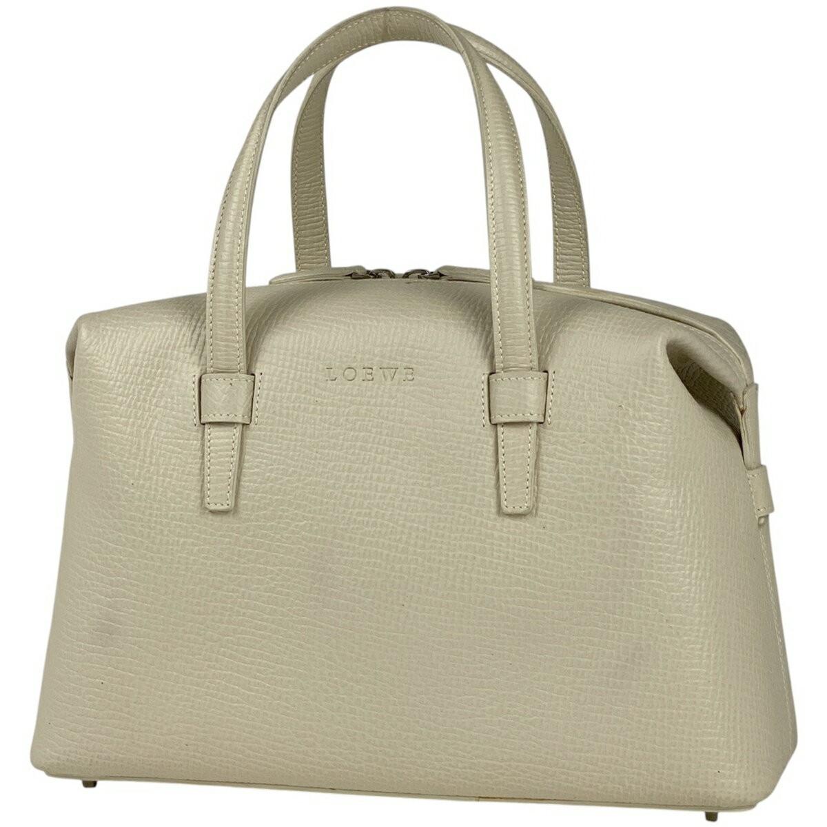 LOEWE Hand Bag Tote Purse Logo Leather White Authentic