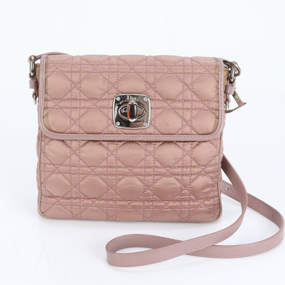 Christian Dior Shoulder Bag Purse Cannage Nylon Leather Pink Authentic