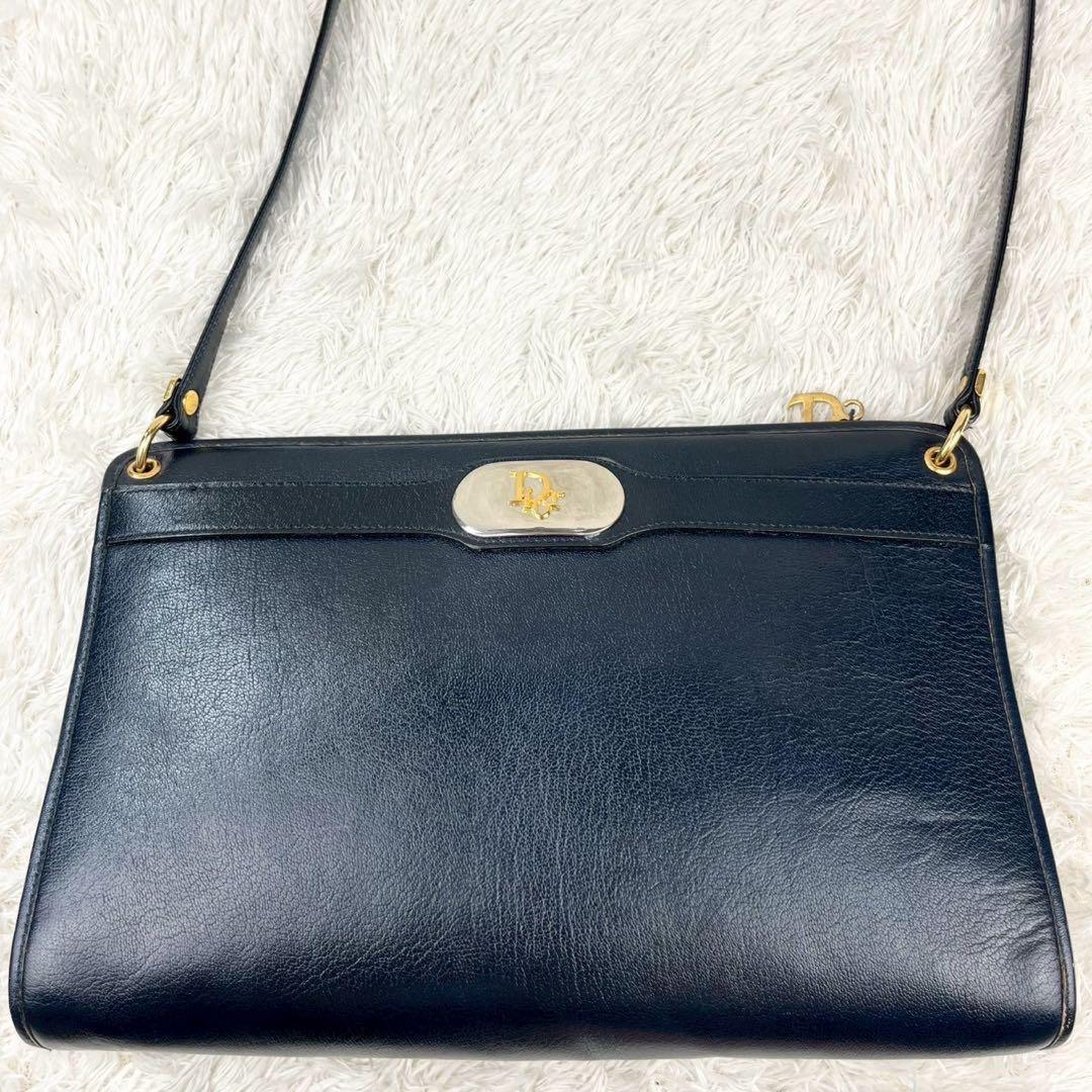Christian Dior Shoulder Bag Purse Logo Leather Dark Navy Authentic