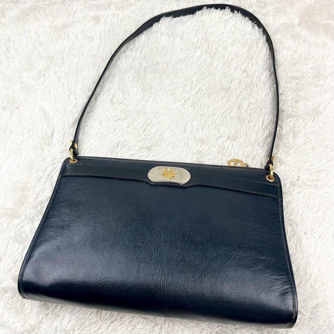 Christian Dior Shoulder Bag Purse Logo Leather Dark Navy Authentic