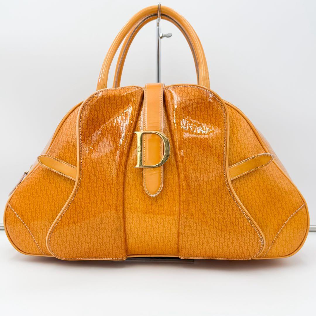 Christian Dior Hand Bag Tote Purse Trotter Patent Leather Orange Authentic