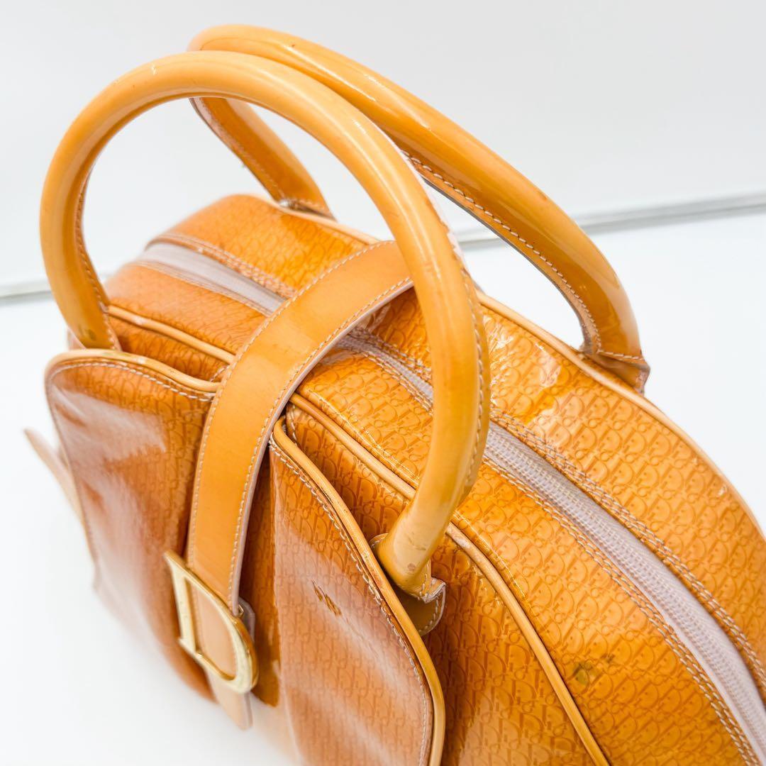 Christian Dior Hand Bag Tote Purse Trotter Patent Leather Orange Authentic