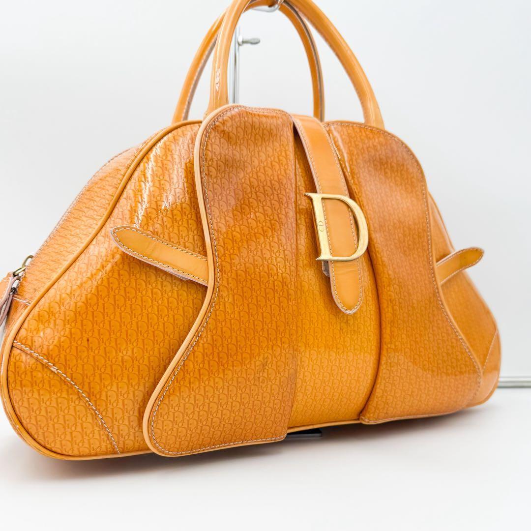 Christian Dior Hand Bag Tote Purse Trotter Patent Leather Orange Authentic