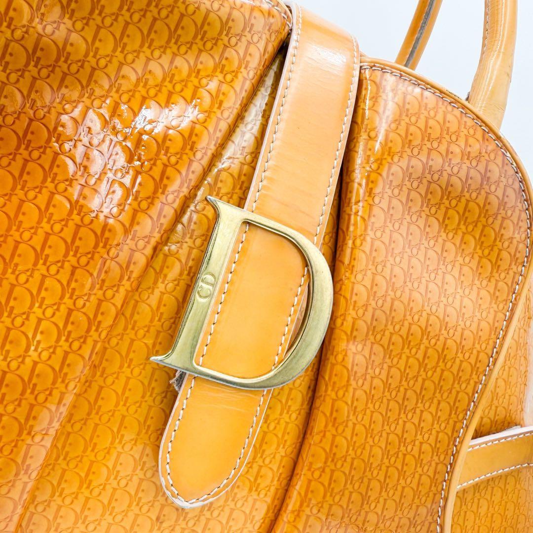 Christian Dior Hand Bag Tote Purse Trotter Patent Leather Orange Authentic