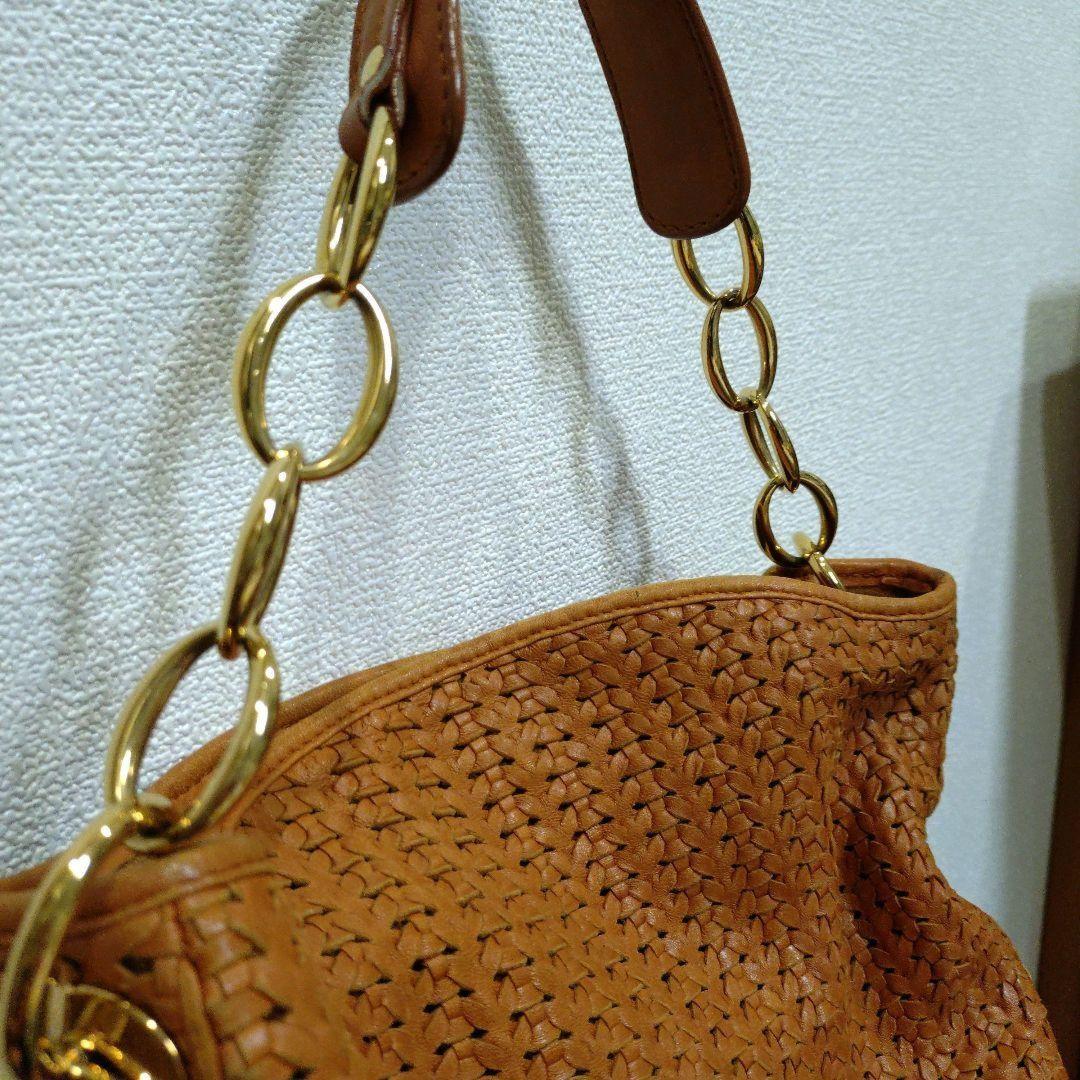 Christian Dior Shoulder Bag Purse Chain Leather Orange Authentic