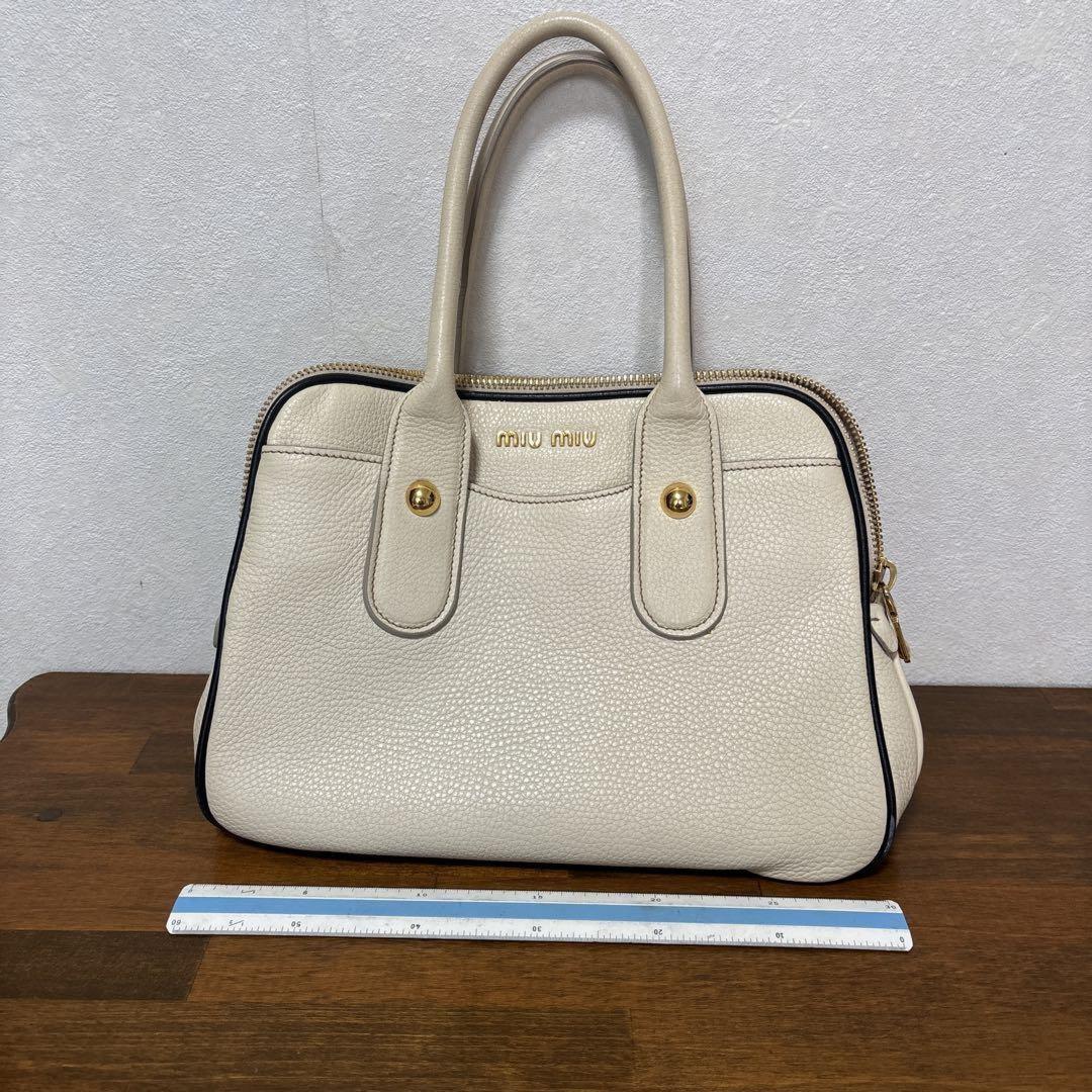 MIU MIU Hand Bag Tote Purse Logo Leather Off White Authentic
