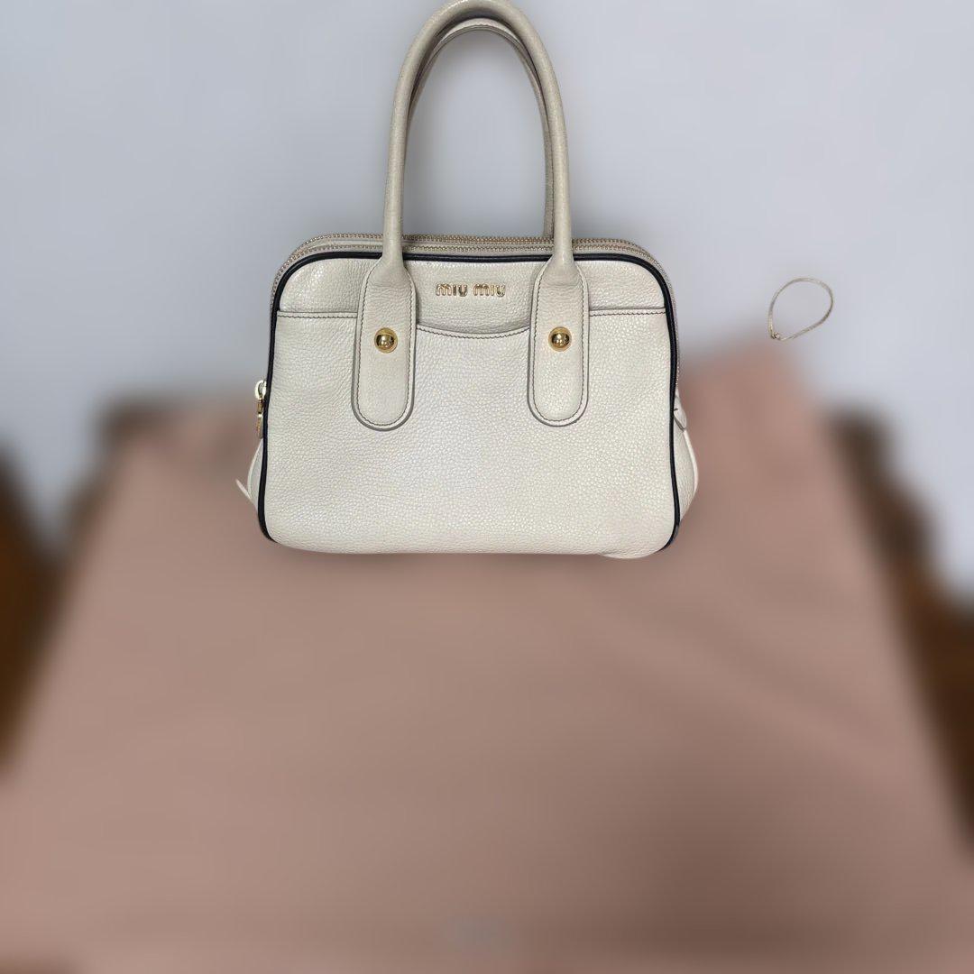 MIU MIU Hand Bag Tote Purse Logo Leather Off White Authentic