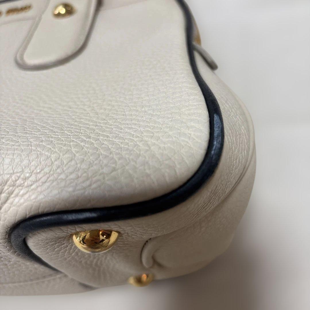 MIU MIU Hand Bag Tote Purse Logo Leather Off White Authentic