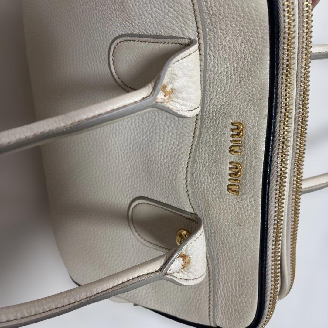 MIU MIU Hand Bag Tote Purse Logo Leather Off White Authentic