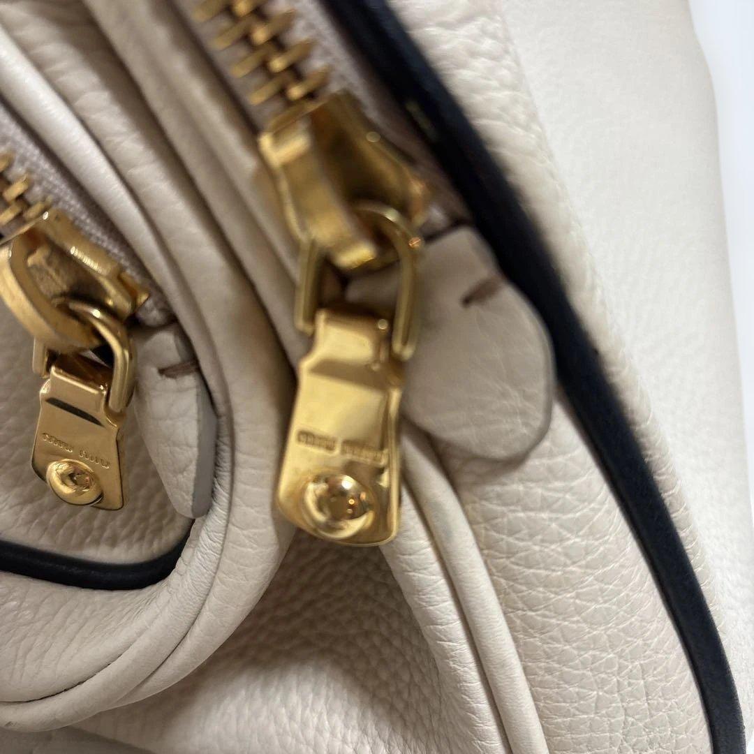 MIU MIU Hand Bag Tote Purse Logo Leather Off White Authentic