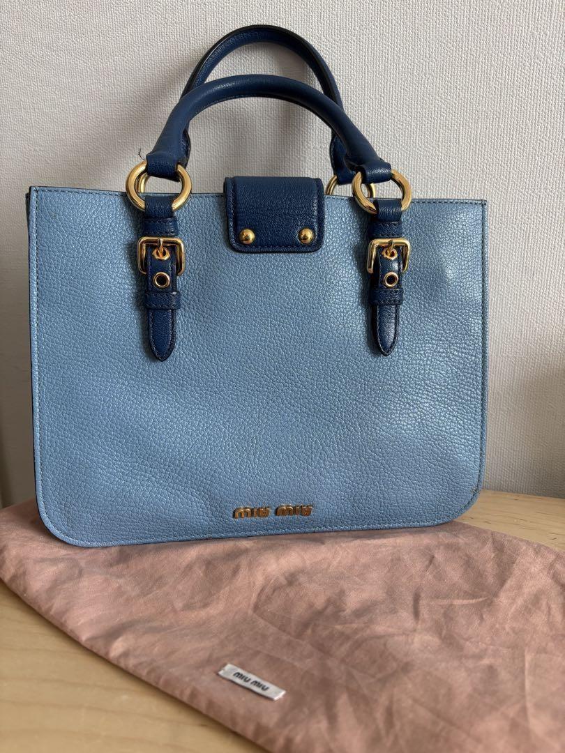 MIU MIU Hand Bag Tote Purse Logo Blue Light Blue Authentic