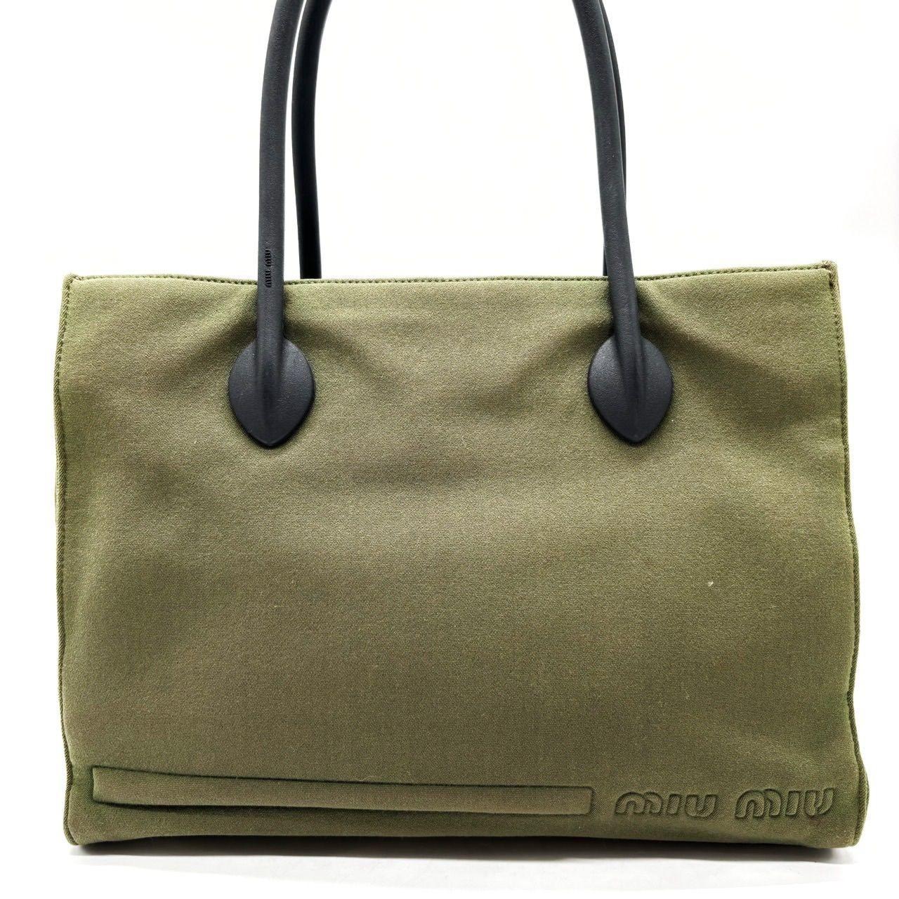 MIU MIU Hand Bag Tote Purse Logo Nylon Khaki Black Authentic