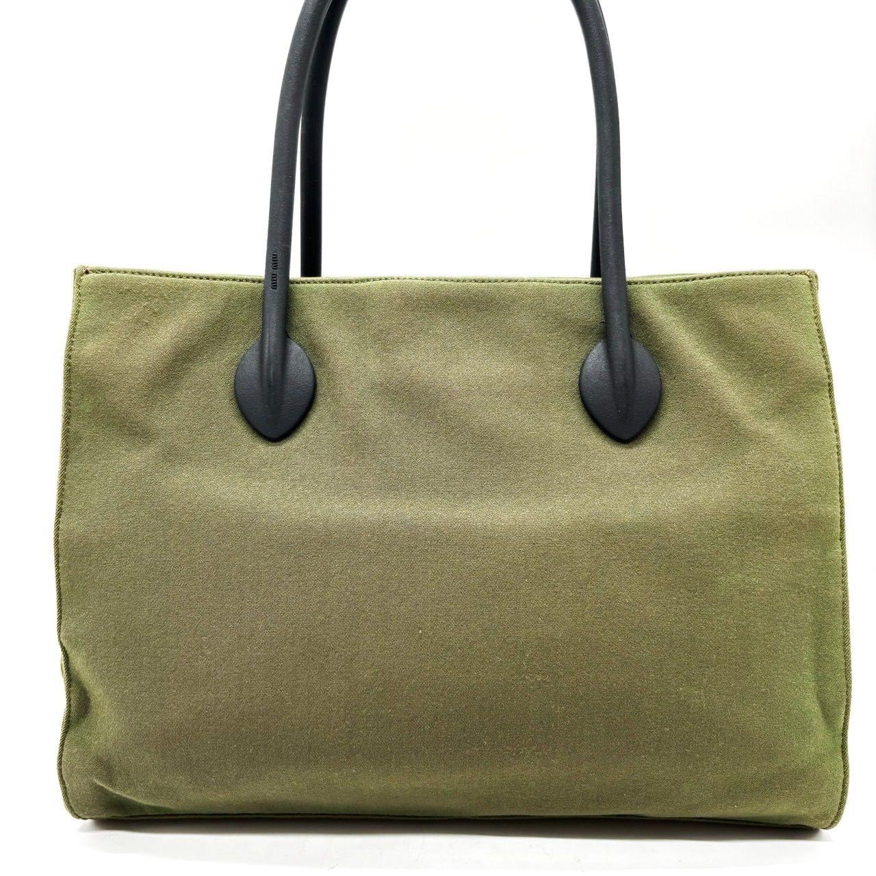 MIU MIU Hand Bag Tote Purse Logo Nylon Khaki Black Authentic