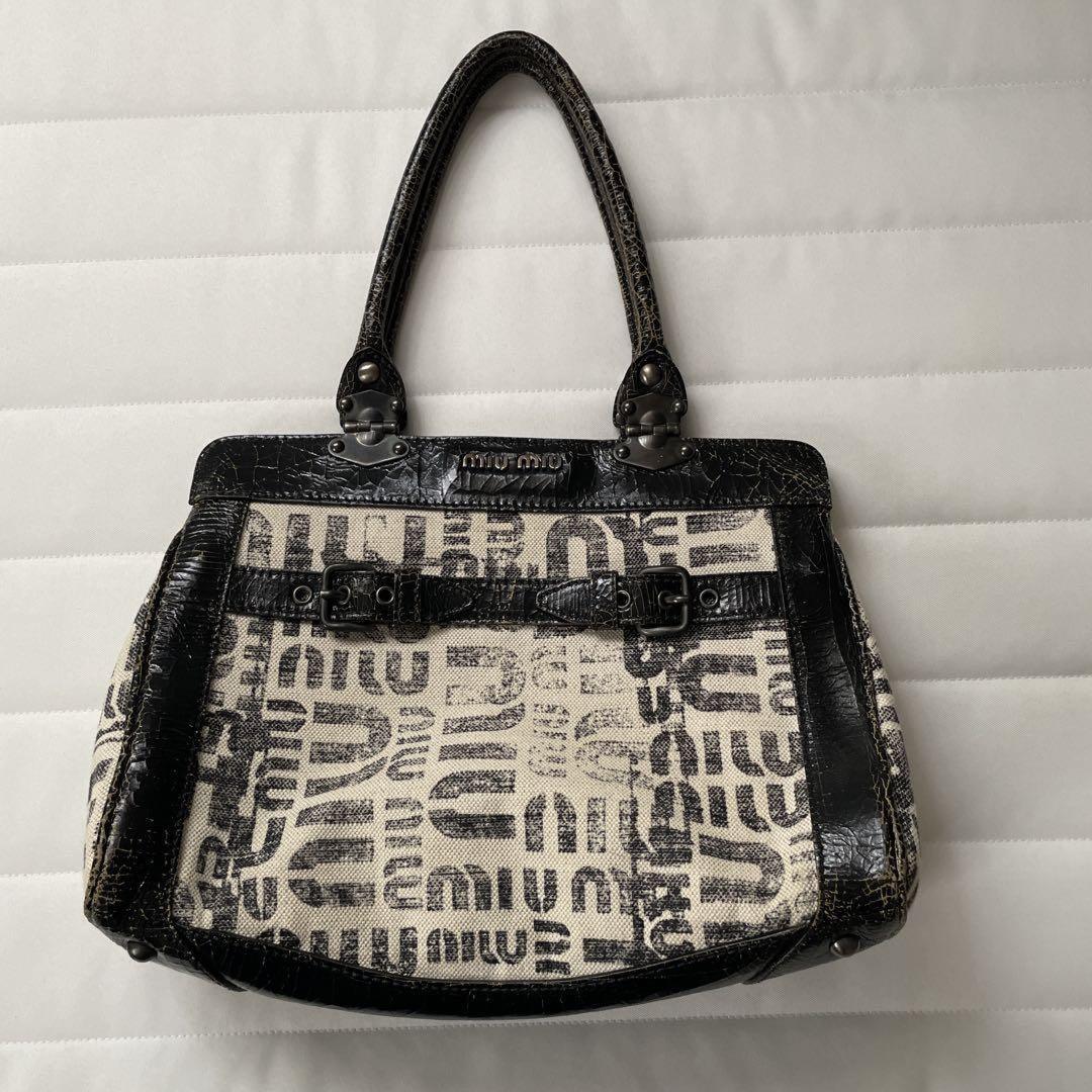 MIU MIU Hand Bag Tote Purse Logo Leather Canvas Authentic