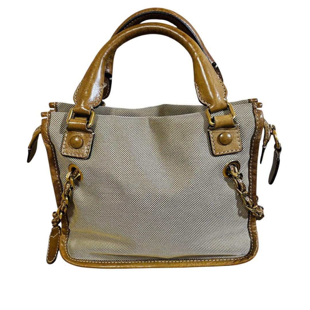 Chloe Hand Bag Tote Purse Canvas Leather Beige Brown Authentic