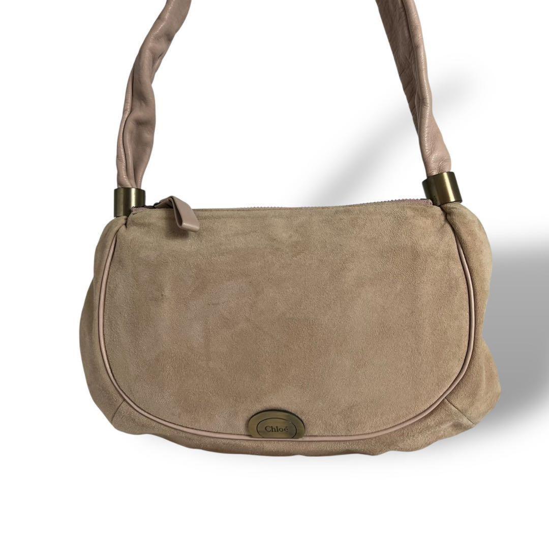 Chloe Shoulder Bag Purse Logo Suede Beige Authentic