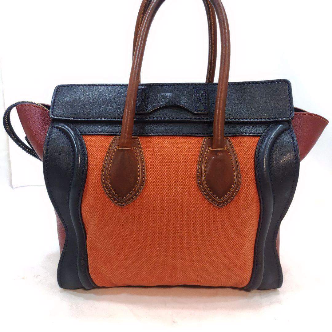 CELINE Hand Bag Tote Purse Leather Canvas Navy Brown Orange Authentic