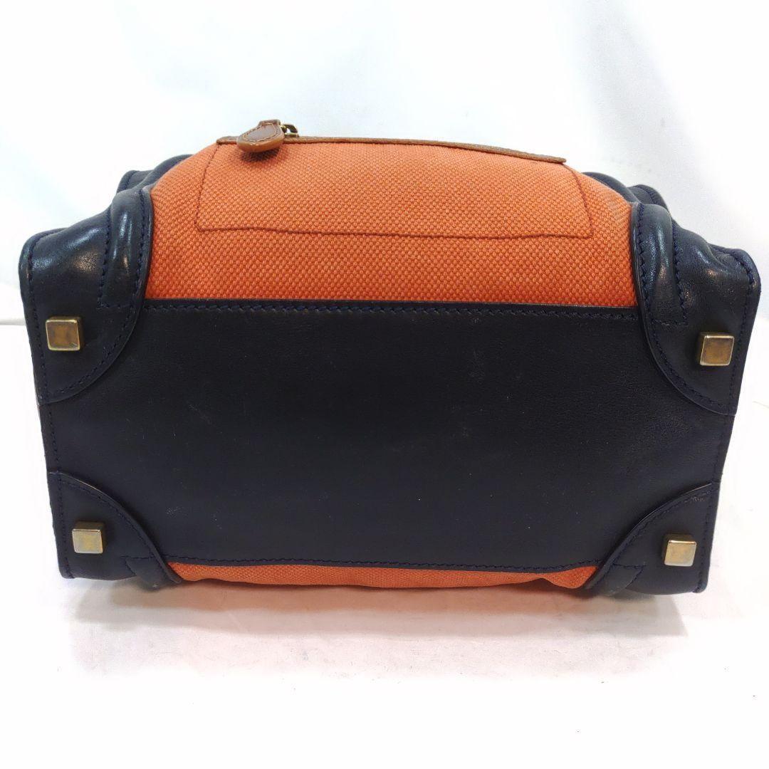 CELINE Hand Bag Tote Purse Leather Canvas Navy Brown Orange Authentic