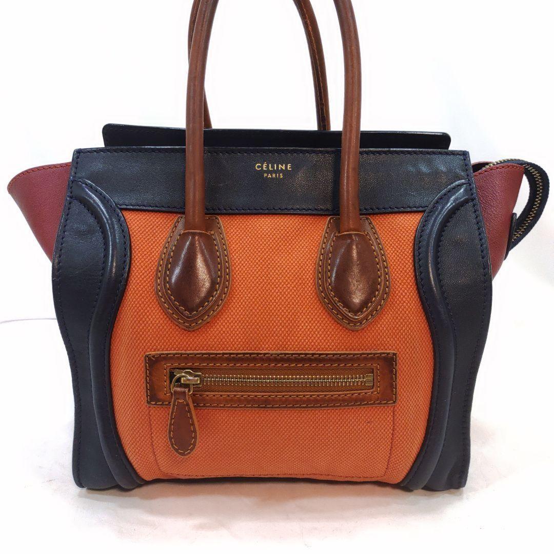 CELINE Hand Bag Tote Purse Leather Canvas Navy Brown Orange Authentic