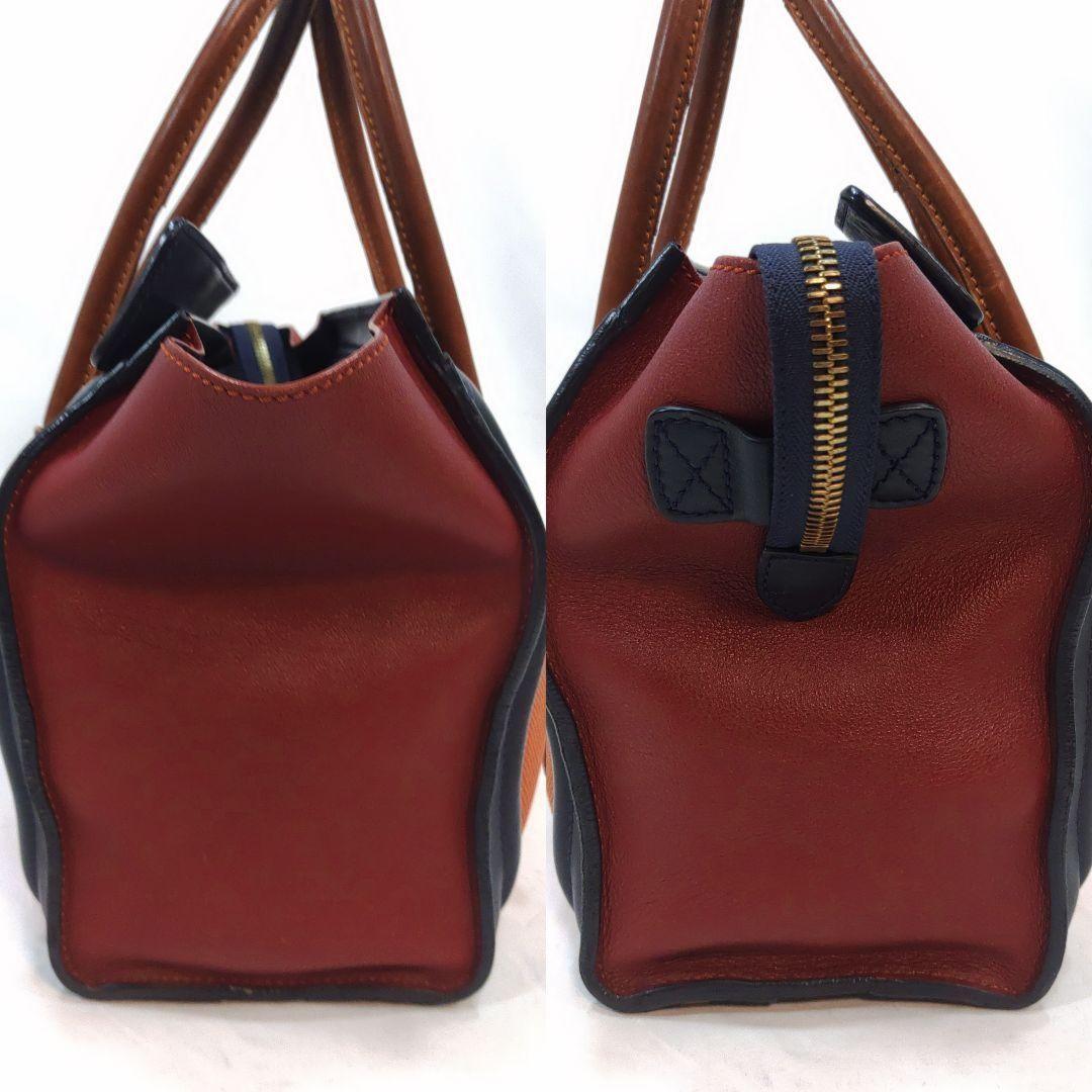 CELINE Hand Bag Tote Purse Leather Canvas Navy Brown Orange Authentic