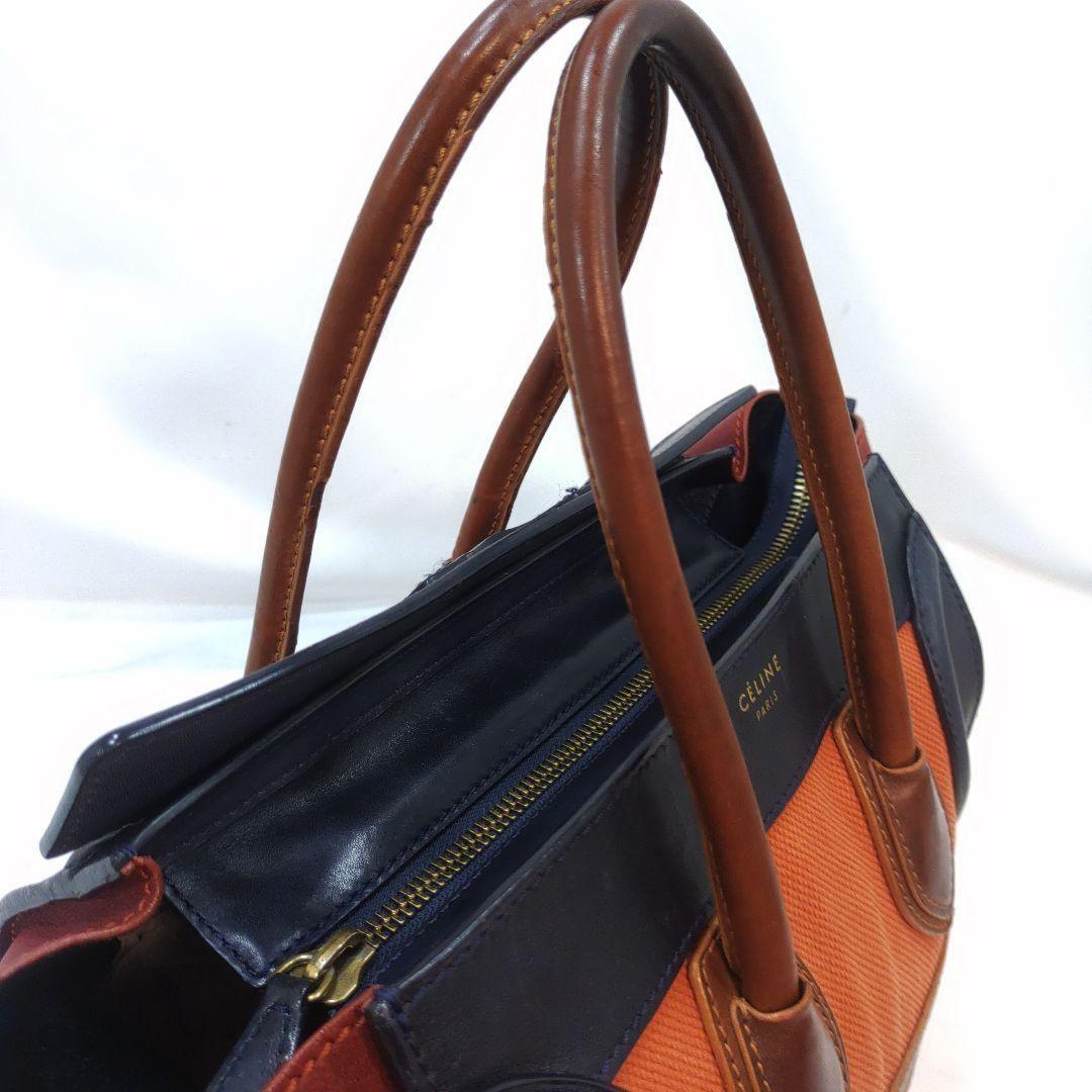 CELINE Hand Bag Tote Purse Leather Canvas Navy Brown Orange Authentic