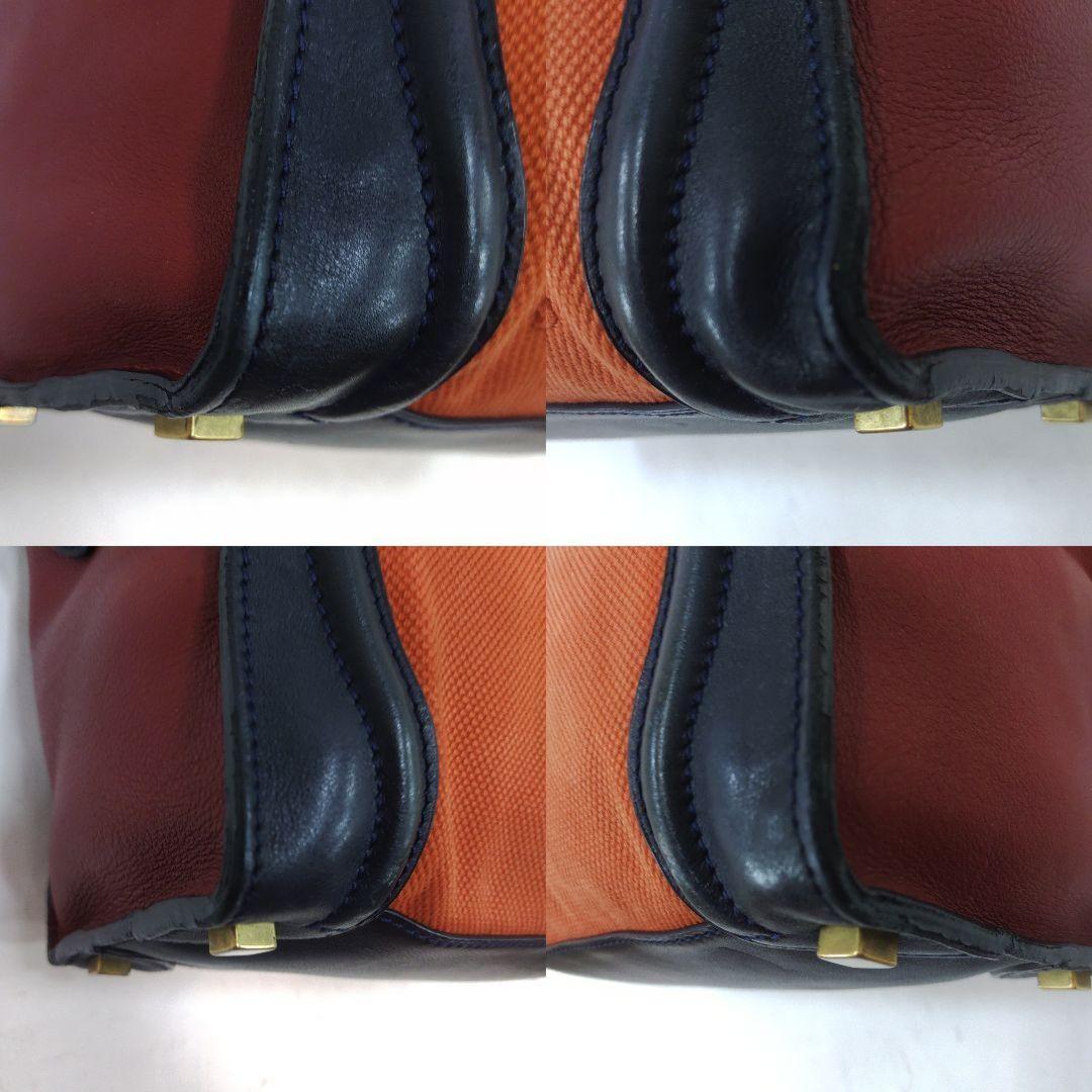 CELINE Hand Bag Tote Purse Leather Canvas Navy Brown Orange Authentic