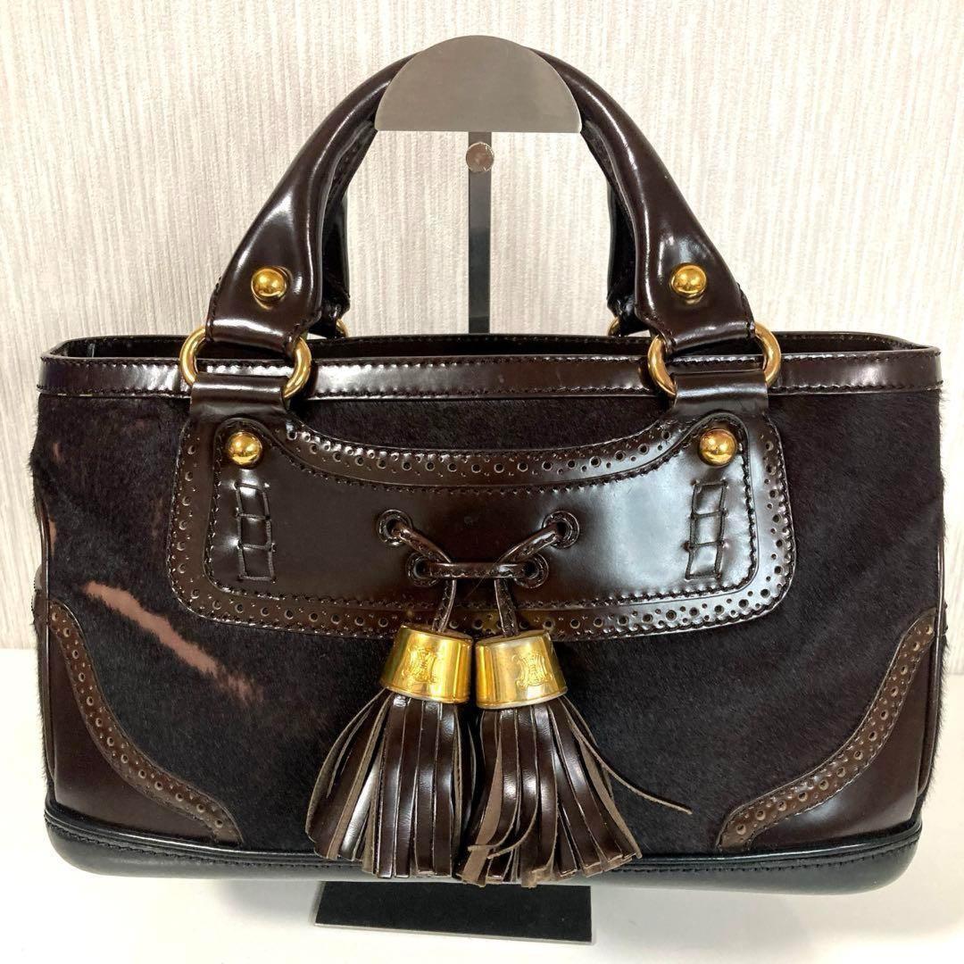 CELINE Hand Bag Tote Purse Leather Dark Brown Authentic