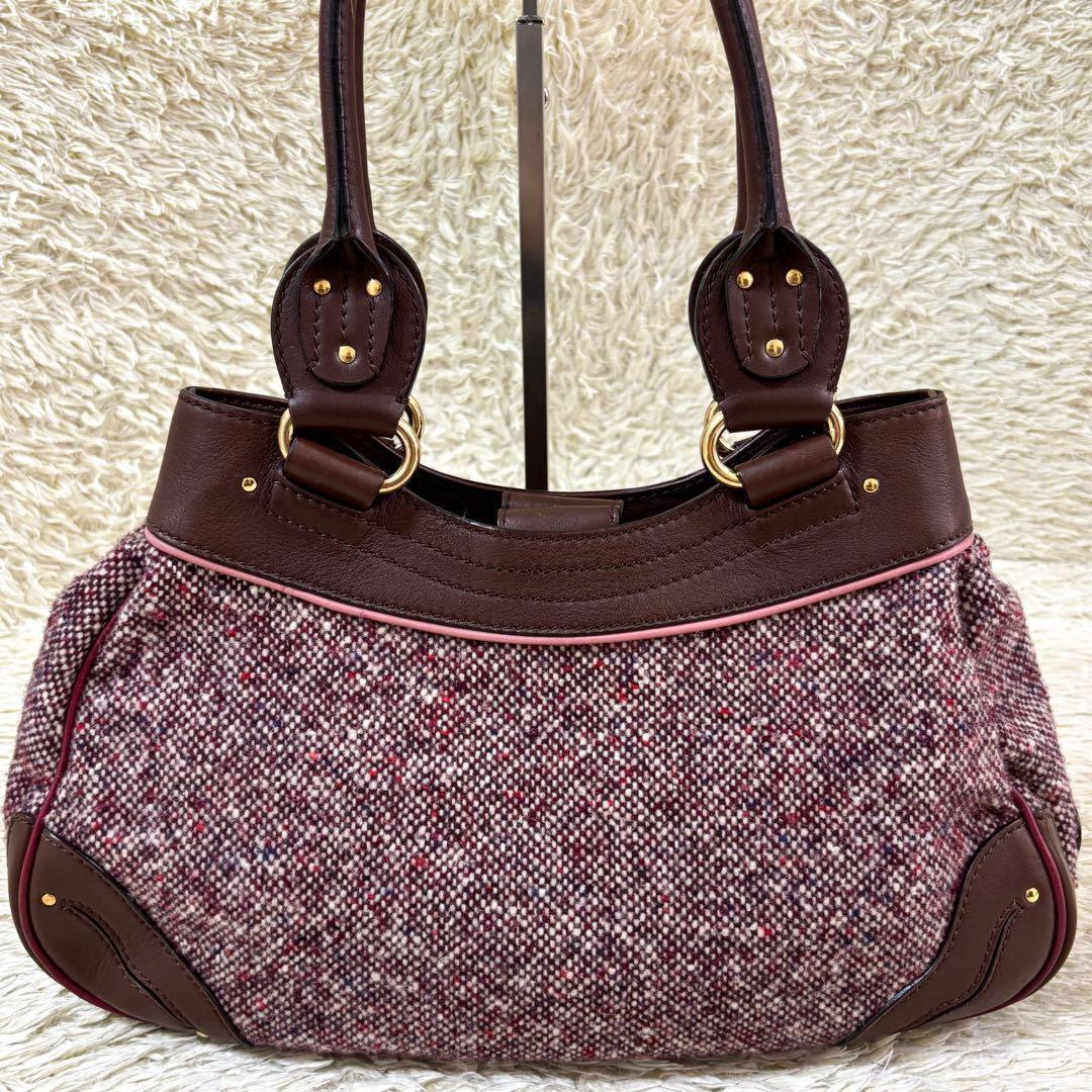 CELINE Hand Bag Tote Purse Tweed Leather Bordeaux Brown Authentic