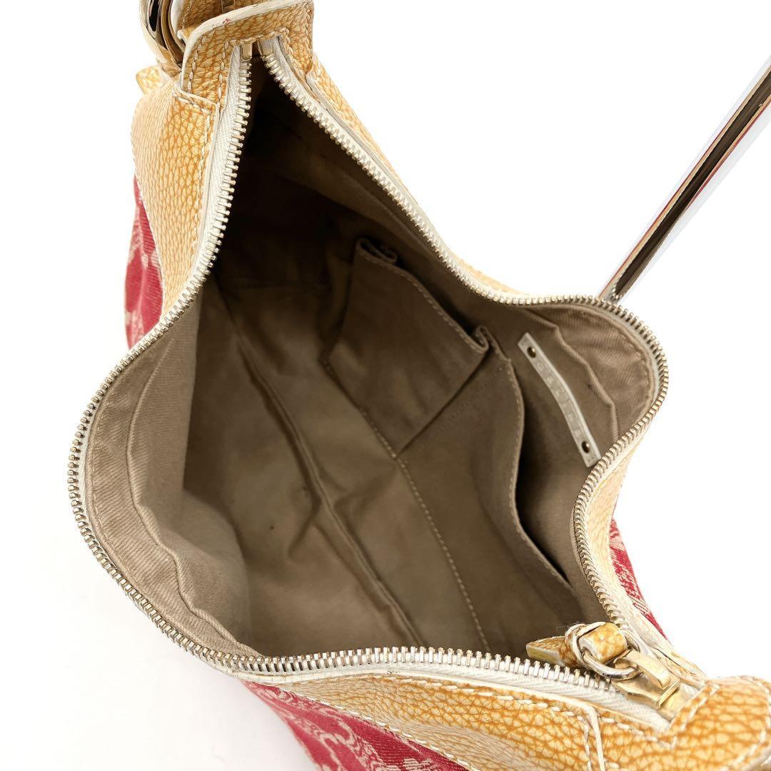 CELINE Shoulder Bag Purse Macadam Canvas Leather Red Yellow Authentic