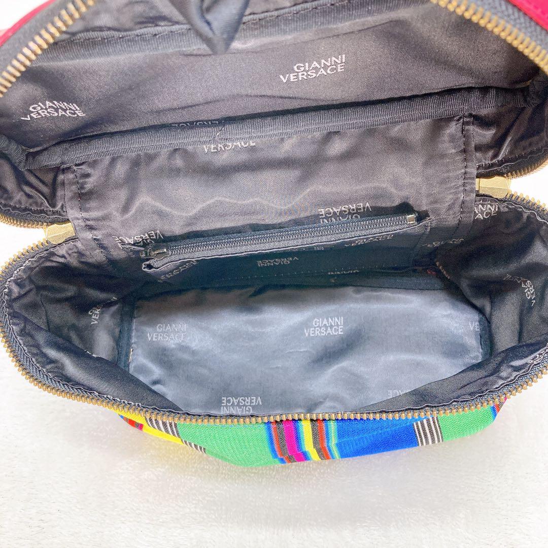 VERSACE Vanity Bag Hand Tote Purse 2way Canvas Stripe Leather Multicolor Auth