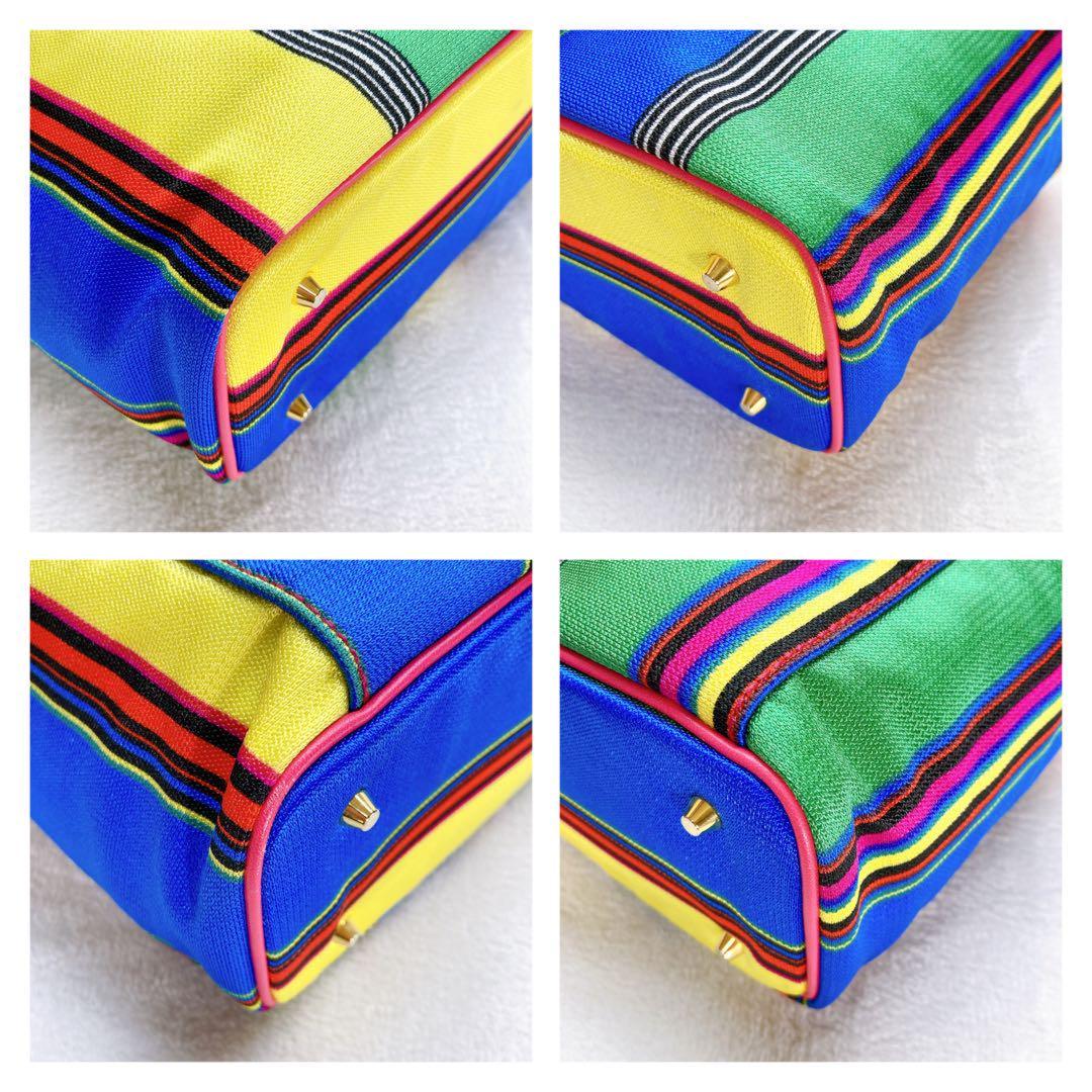 VERSACE Vanity Bag Hand Tote Purse 2way Canvas Stripe Leather Multicolor Auth