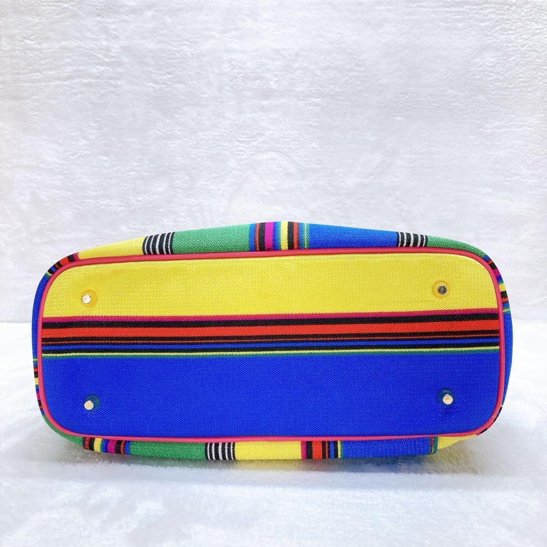 VERSACE Vanity Bag Hand Tote Purse 2way Canvas Stripe Leather Multicolor Auth